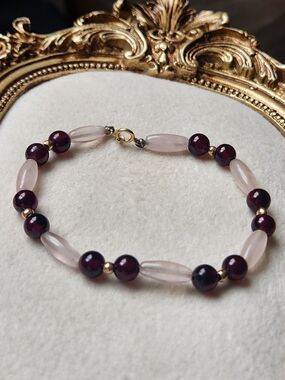 Vintage 14k Gold Rose Quartz & Garnet Gemstone Beaded Bracelet